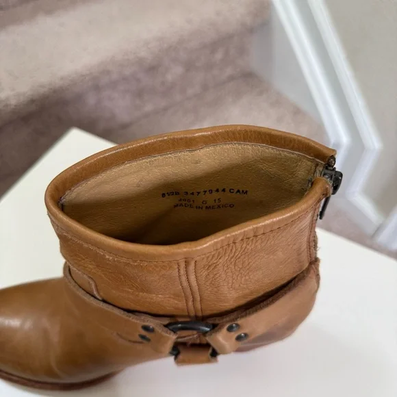Frye Designer Tabitha Harness Camel Cognac Leather Short Heel Boots Size 8.5 - Picture 7 of 8